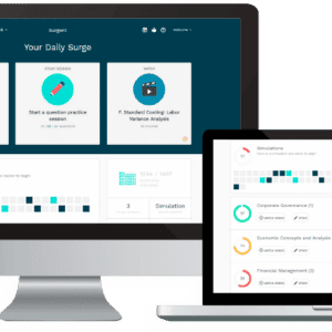 Surgent exam review on various devices including laptop, tablet, phone