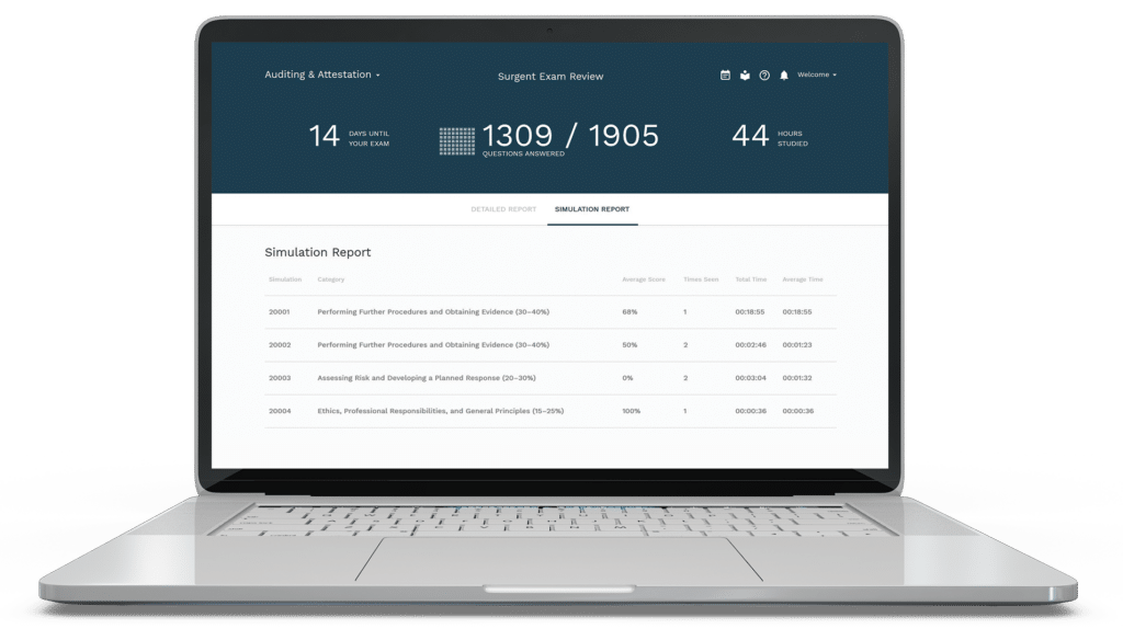 Surgent exam review simulation on laptop